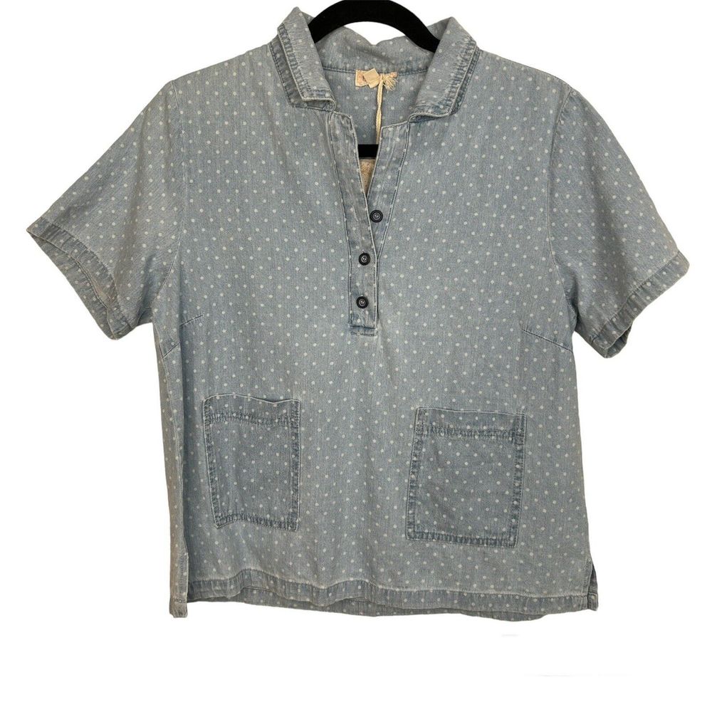 Hem & Thread Shirt Top Cotton Chambray Polka Dot Womens Medium Short Sleeve Blue